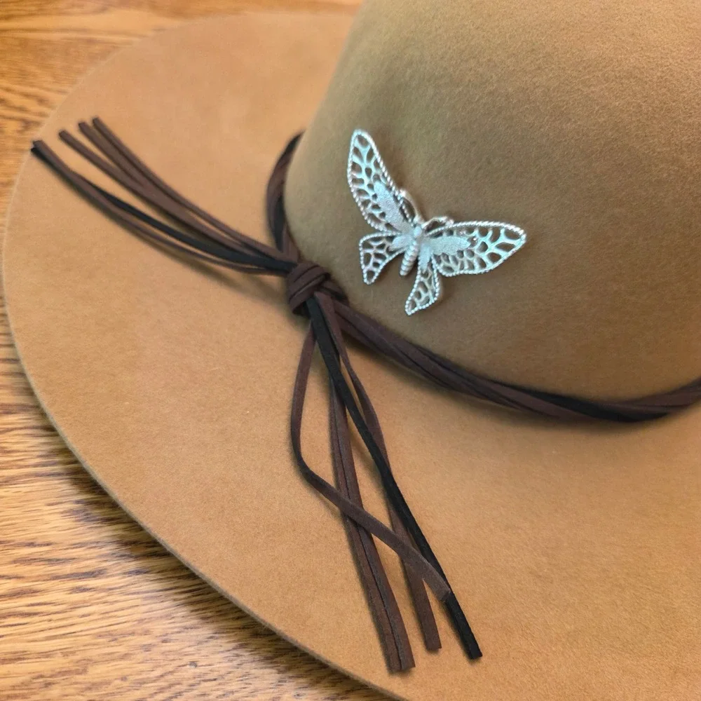 100% Wool Tan Wide Brim Floppy Hat Silver Butterfly Pin Braided Band Boho Whimsy